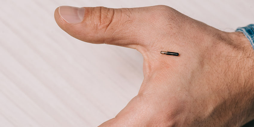 The device is inserted/injected below the skin between the index finger and the thumb